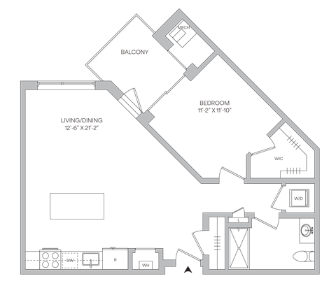 Floorplan of a 1bedroom 1 bath apartment with a balcony